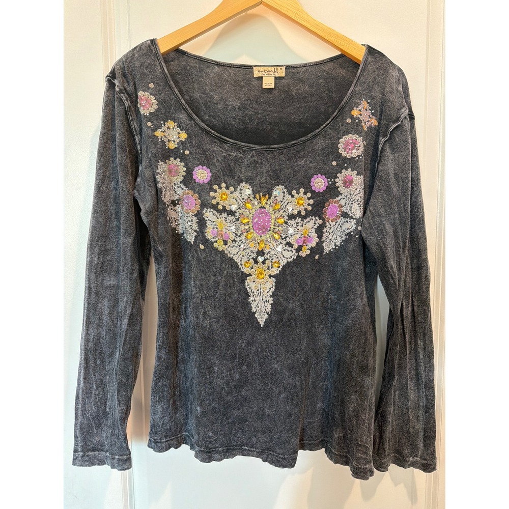 One World Embellished Long Sleeve Top Obsidian Acid Wash Cotton M Y2K